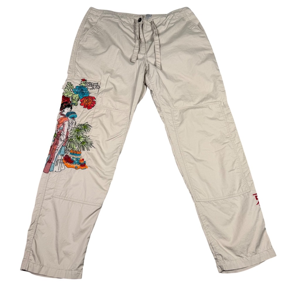 Vintage Y2K Chicos Asia Geisha Tattoo Embroidered Cargo Pants Tan Size 2.5 L XL